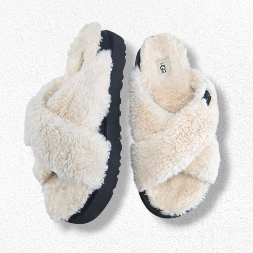 UGG Natural Black Fuzz Sugar Cross Slide Platform Slippers Size 10 1120860